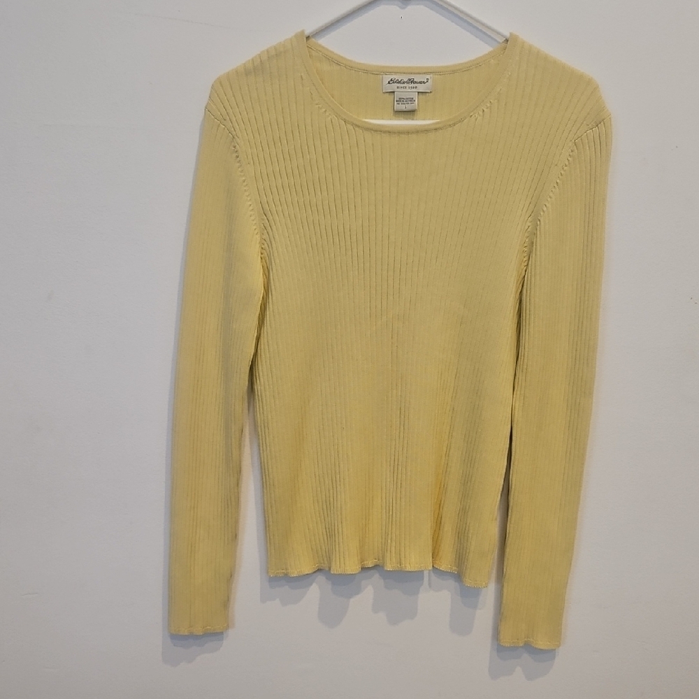 Eddie Bauer Women's Light Yellow Ribbed Long Sleeve Tee